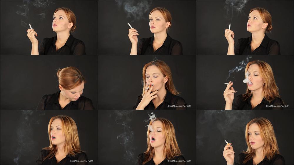 Amy smokes on black background