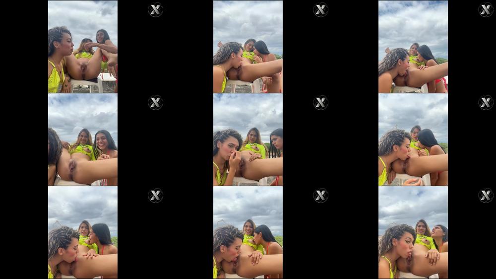 Lesbian lick each other's pussy on the couch - outdoors