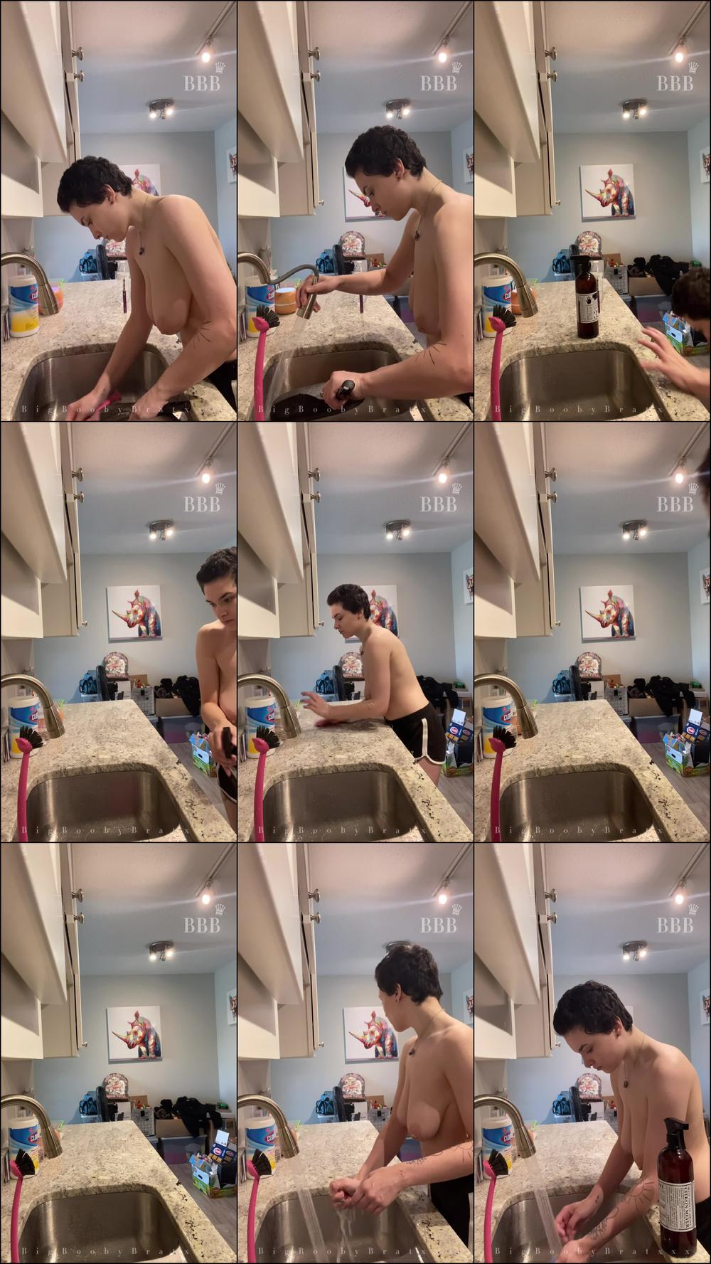 Voyeur Topless Huge Tit Babe Cleaning