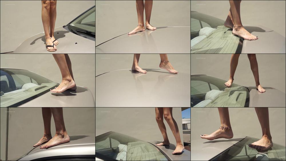 Madison Walks Barefoot on Her Car
