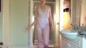 Ariel Anderssen Shower In White Leotard Footless Tight (Ariel Anderssen)