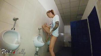 Wet Kelly Pee Challenge In A Public Man Restroom (Wet Kelly)