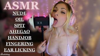 ASMR Ear Licking, Ahegao, Oil, Fingering, Handjob, Spitting (boudoirbunny)
