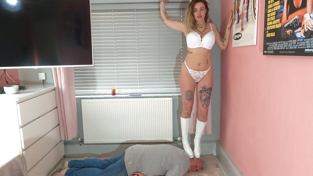 Sophie's Boutique - Model Poses On His Head In Lingerie & Big Boots (4K)