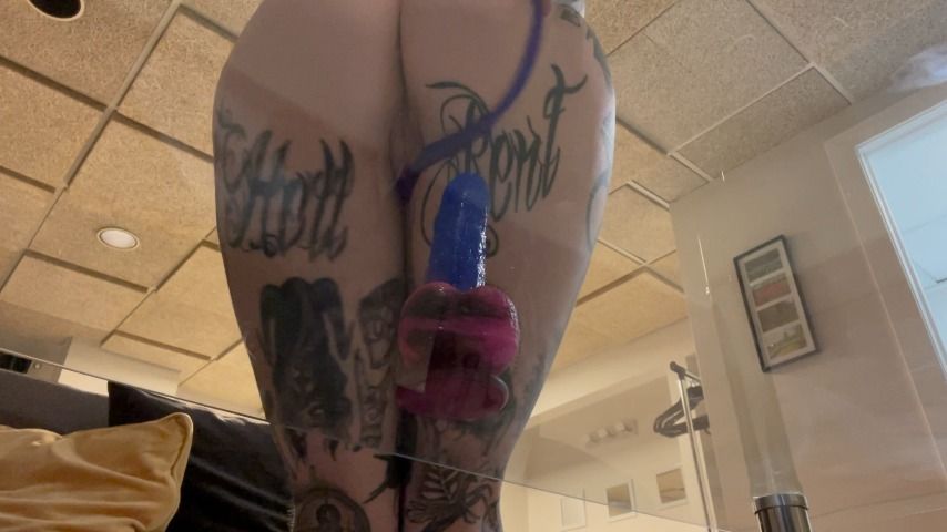 Riding Dildo on Glass Table & Mirror