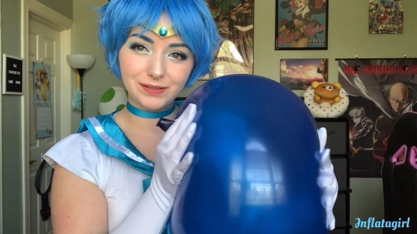 Inflatagirl Sailor Mercury Blowing Up A Blue Balloon