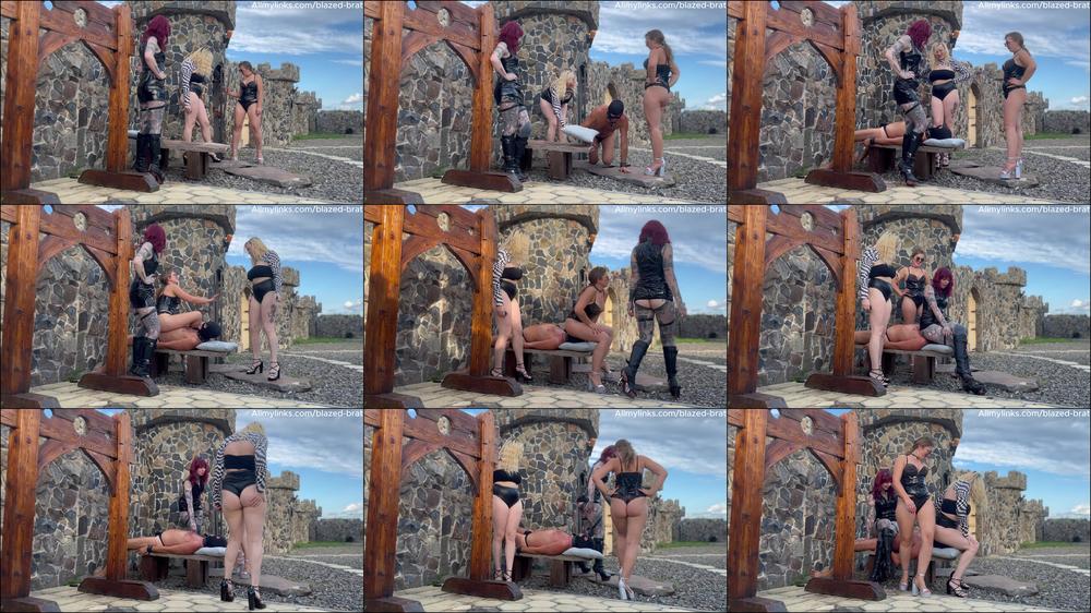 Triple Domme Facesitting on Stone Table