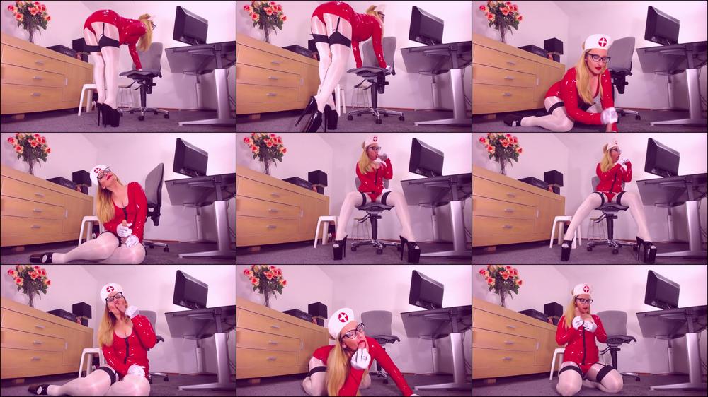 Be seduced by shiny nurse in latex dress, satin gloves