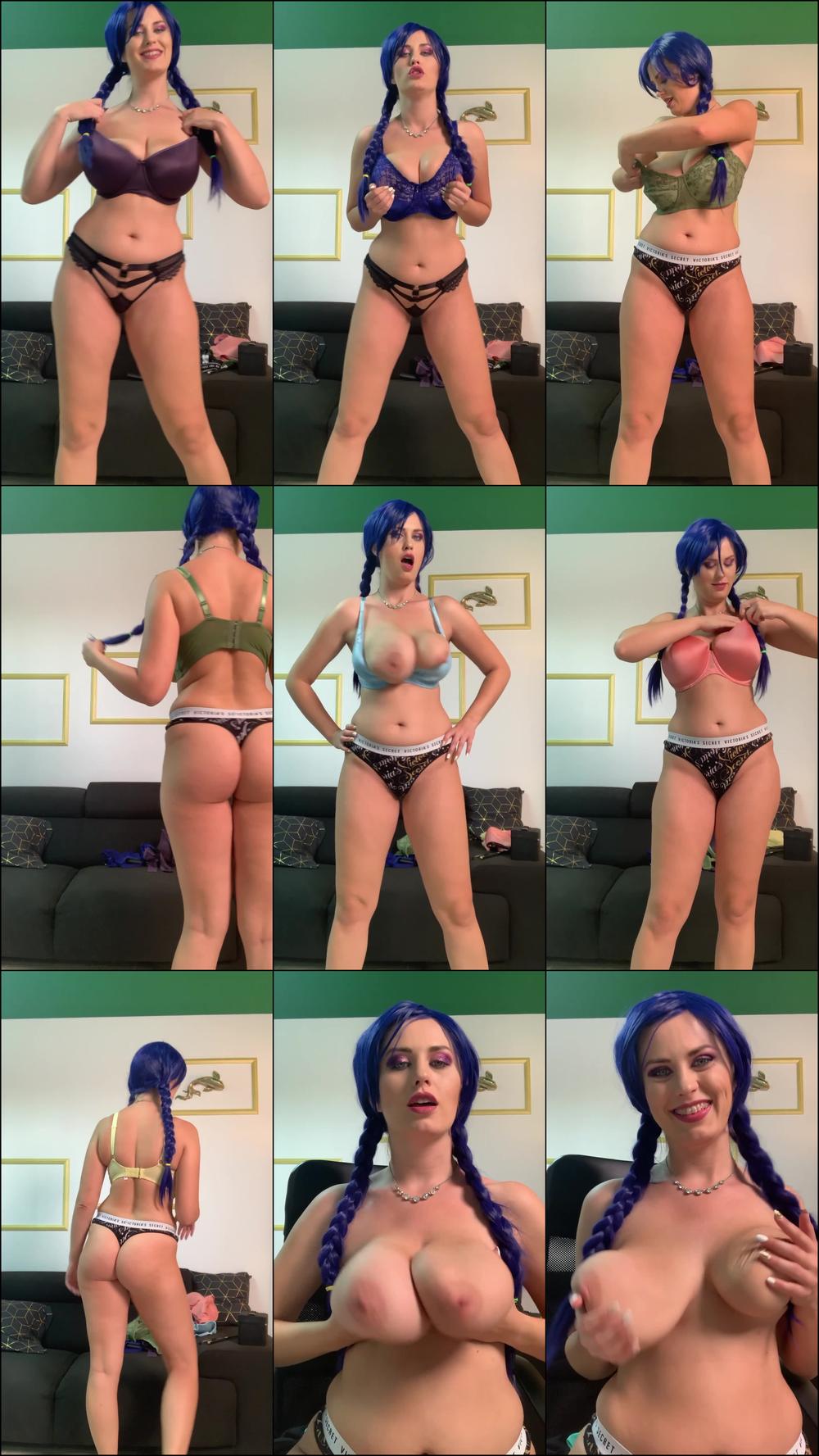 Bra testing in blue wig