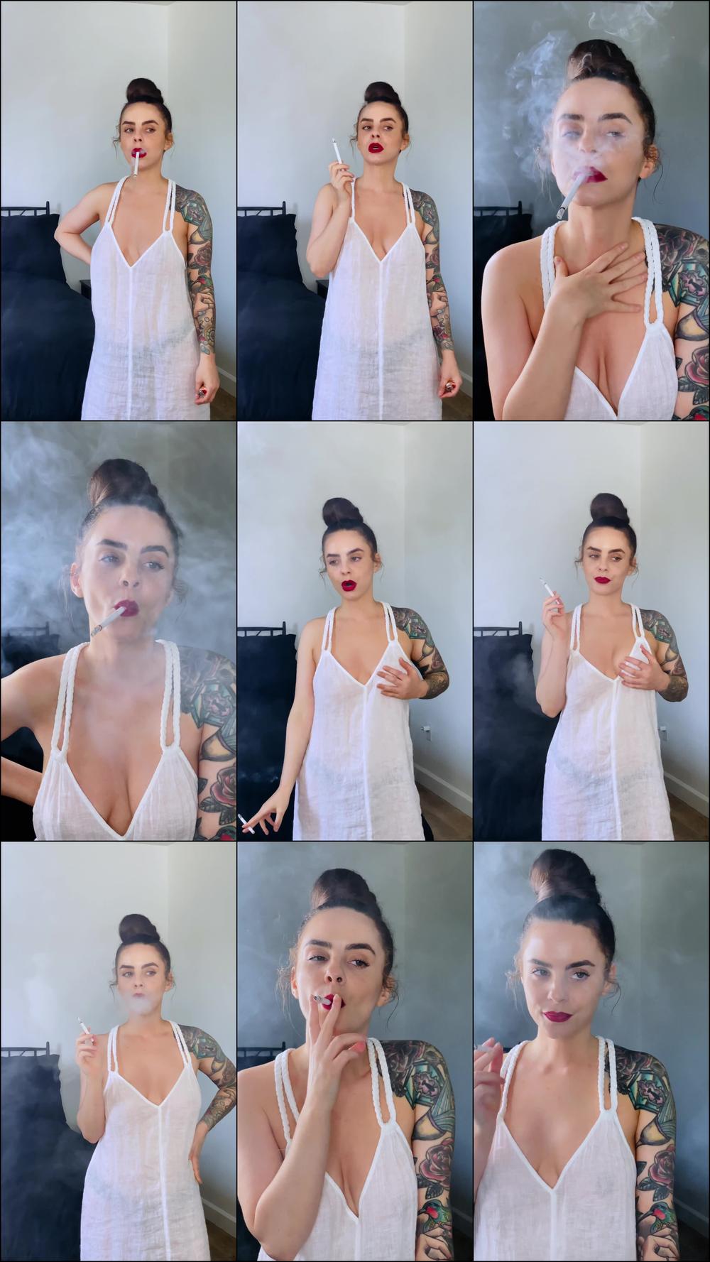 Smoking in White Dress and Black Panties