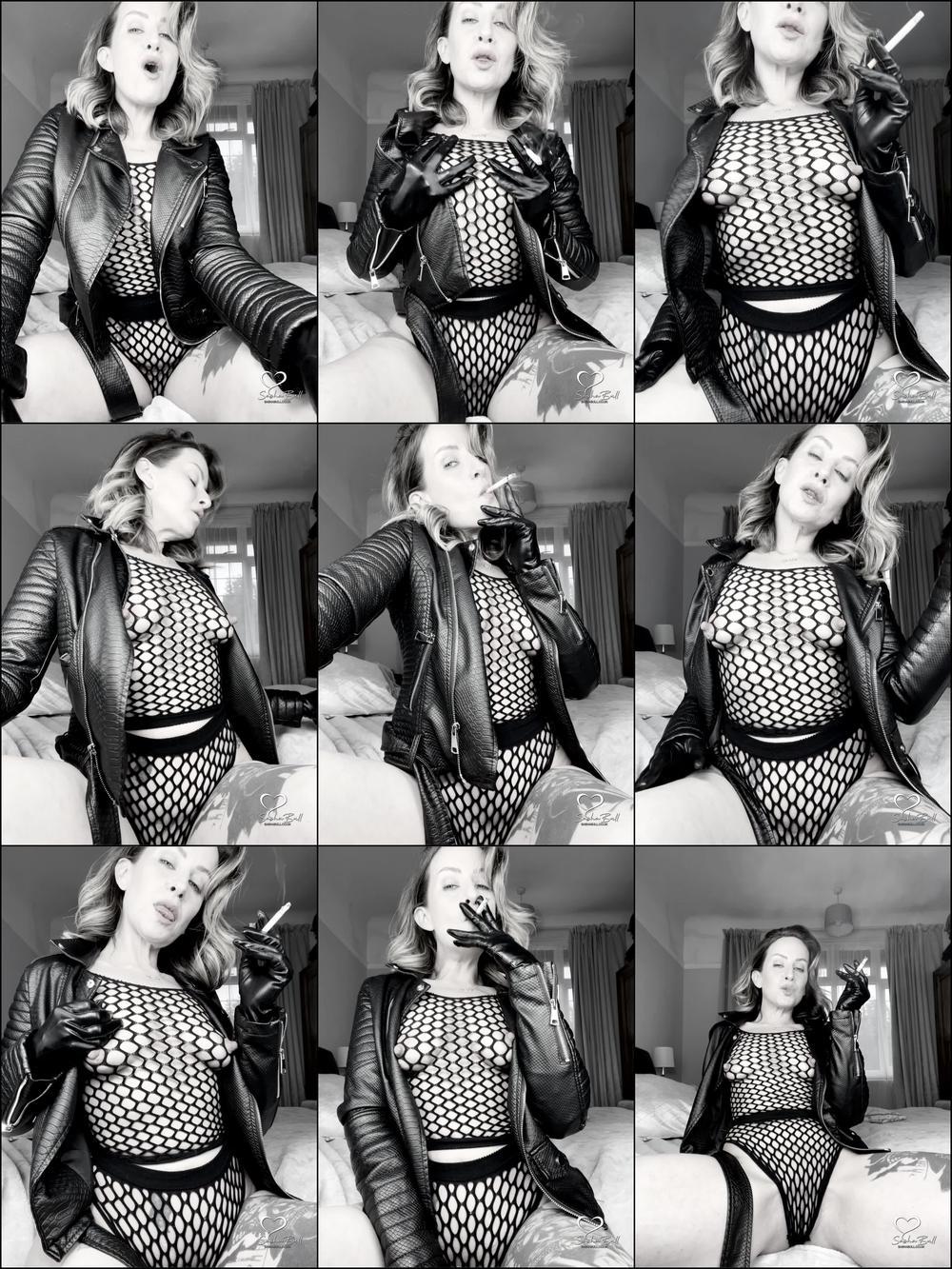 Black and White Smoking in Fishnet and Leather