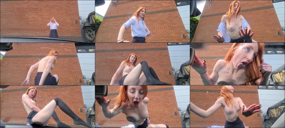 student climbs on car and masterbates
