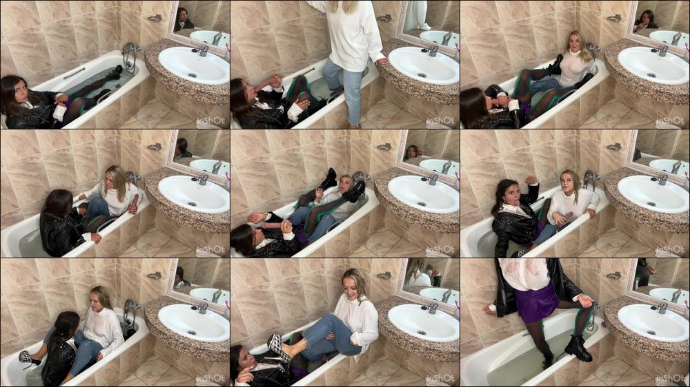 fully dressed in a bath and lesbians kissing
