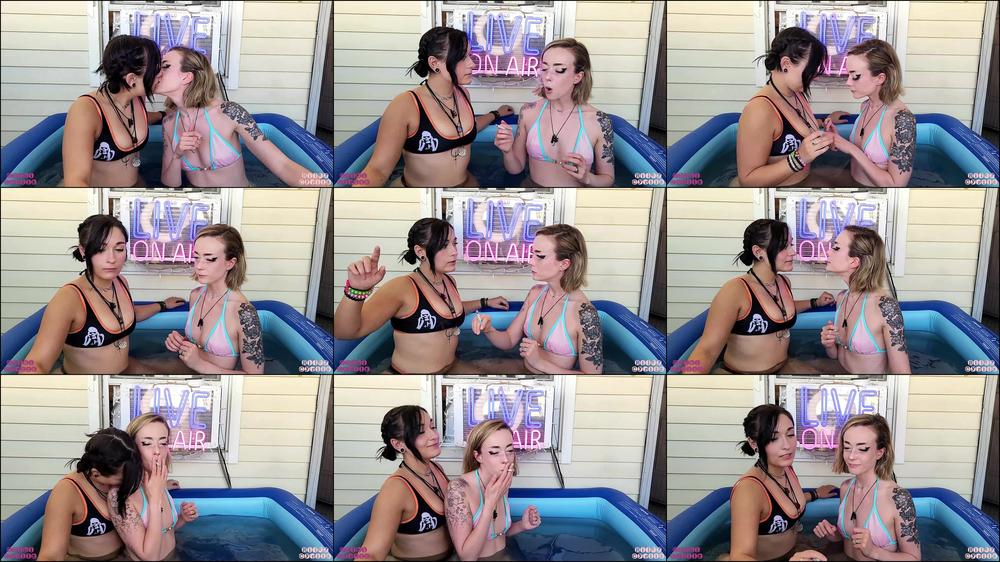 College Lesbians Smoke and Kiss in the Pool