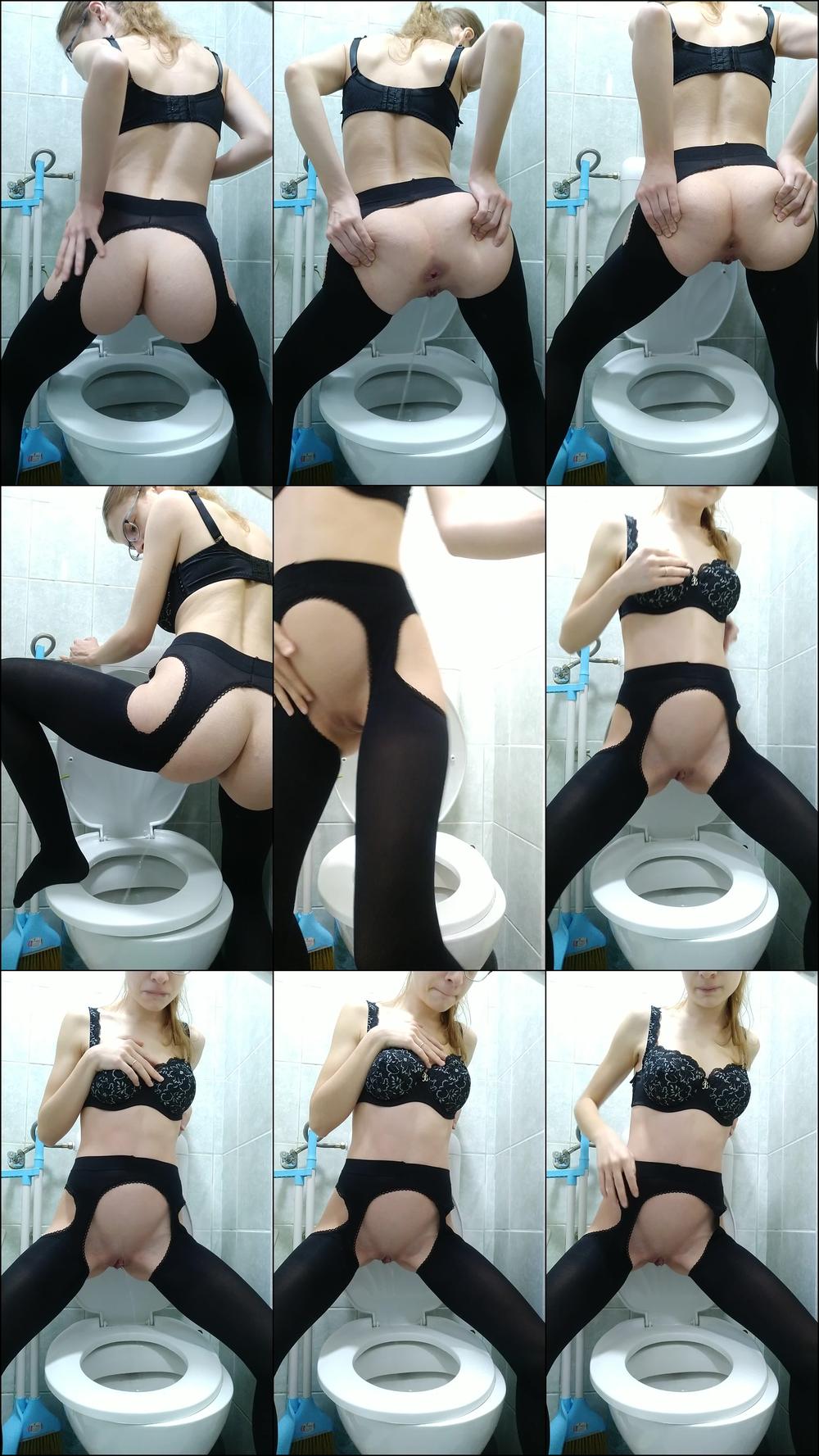 Girl in stockings peeing standing up