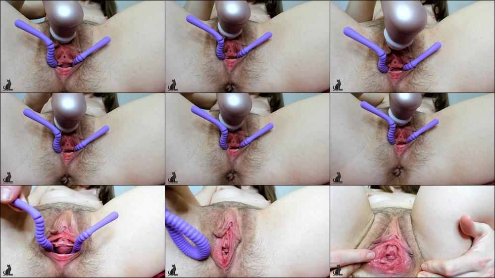 Hairy pussy spreader and Satisfyer - pulsating pussy cum