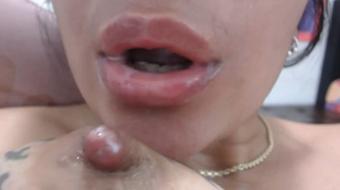 Latina babe fondles her tits and squeezes milk from her hard (Milking_Dreams)