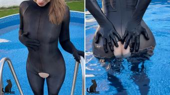 Nylon bodystocking tease in the pool (cat_on_show)