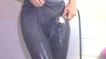 Wet Gray Yoga Pants In SHOWER (Goddess Vanessa)
